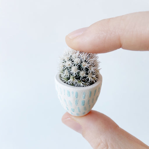 Hand holding not prickly cactus Candace in white and aqua Handmade mini ceramic planter