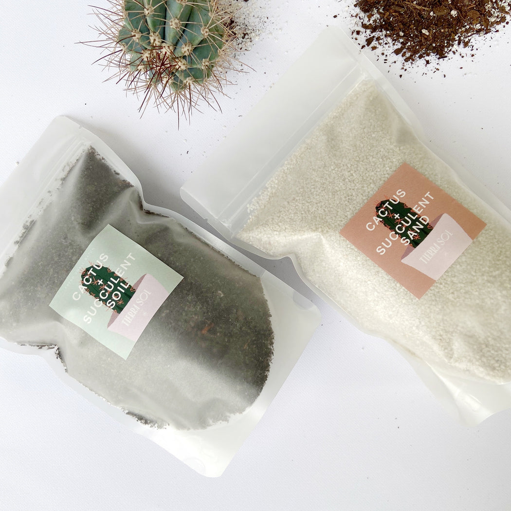 Two bags filled with cactus and succulent sand and soil that helps keep plants healthy